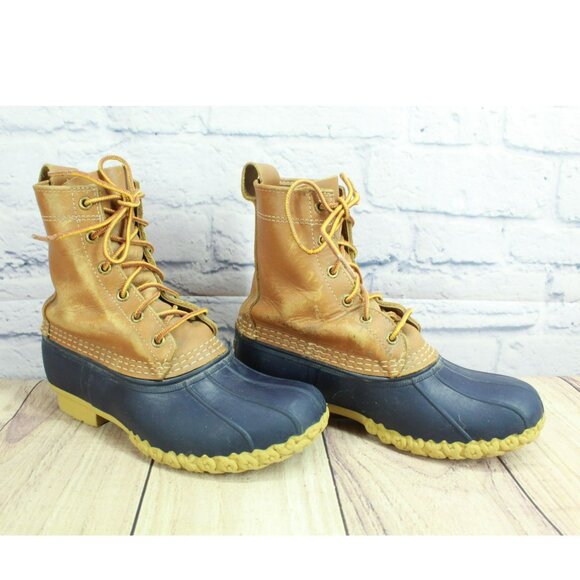 LL Bean Multicolor Leather 8" Lace Up Unlined Ankle Duck Boots Size 7 Wide - Picture 3 of 11